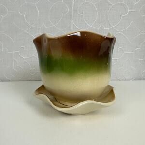 China Craft‎ USA 1975 Pot and Saucer Stoneware Brown Green White Ombre Pattern